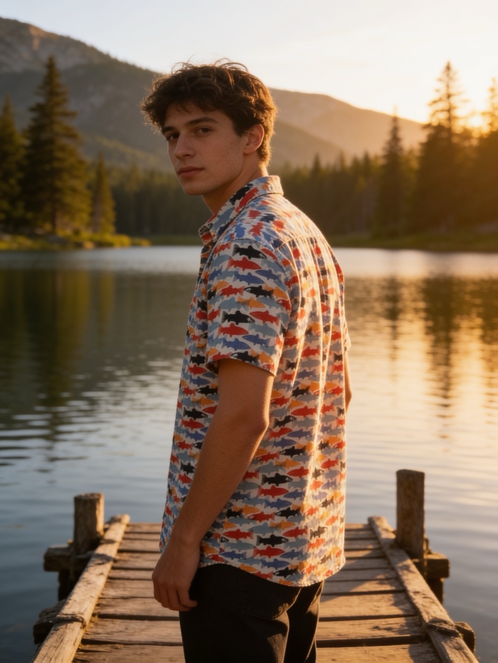 J. Crew Men's Cotton Fish-Print Button-Down Shirt in Blue, Red, Orange, Navy - Picture 1 of 5